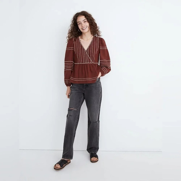 MADEWELL‎ Embroidered Faux Wrap Top in Rusted Burgundy - Picture 2 of 7
